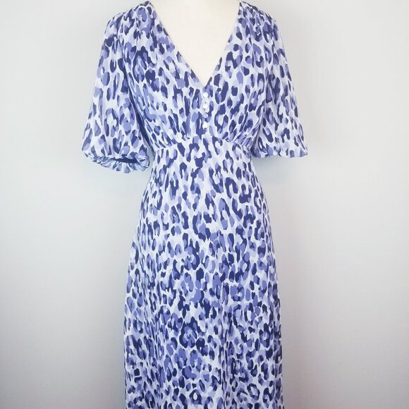 Jessica Howard Blue Leopard Fit & Flare V Neck Midi Dress Size 10 - Picture 1 of 10